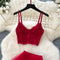 Lace Camisole&Mesh Dress Red 2Pcs