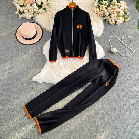 Zipped Cardigan&Wide-leg Trousers 2Pcs