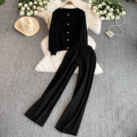 Crochet Cardigan&Wide-leg Trousers 2Pcs