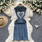 Polo Collar Zipped Denim Patchwork Dress