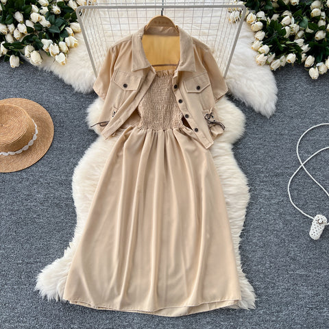 Short Shirt&Pleated Slip Dress 2Pcs