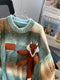 Gradient Striped Fox Embroidered Sweater