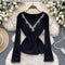 Rhinestone Studded V-neck Slim Knitwear