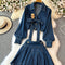 V-neck Shirt&Pleated Skirt Denim 2Pcs