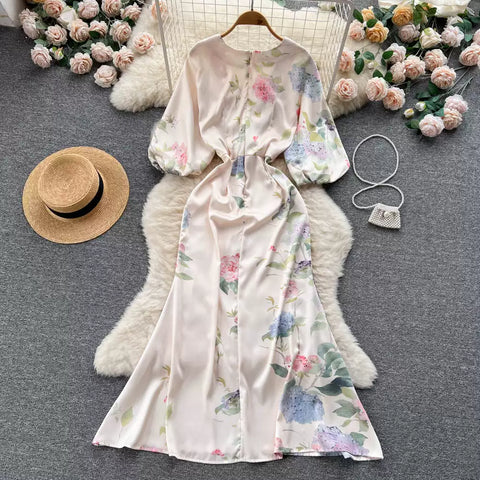 Japanese-Inspired Floral Print V-Neck Dress