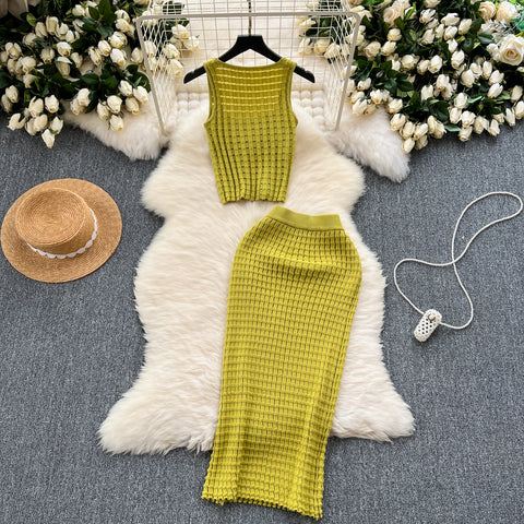 Camisole&Skirt Plaid Knitted 2Pcs
