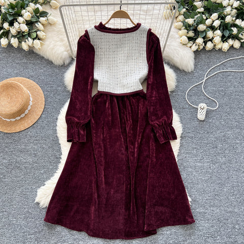 Lace-up Corduroy Dress&Jacquard Vest 2Pcs