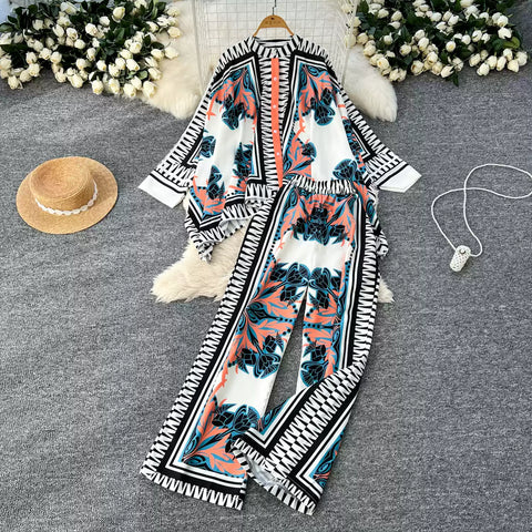 Bat Sleeve Top & Trousers Ethnic Printed 2Pcs