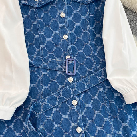 Chic Lapeled Patchwork Denim Dress