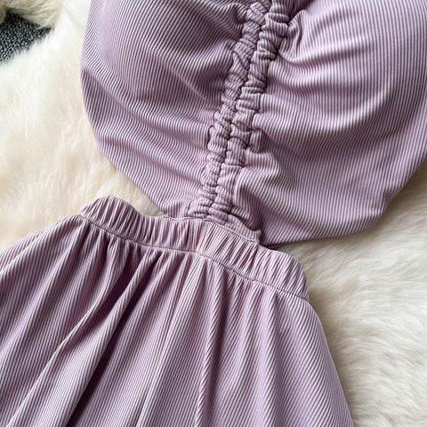 Hollowed Pleated Draped Halter Dress