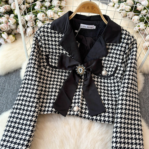 Bow Cardigan&Skirt Houndstooth 2Pcs