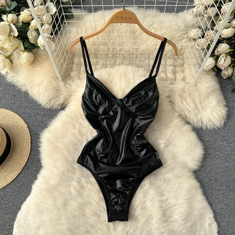 Sexy V-neck Black PU Lingerie