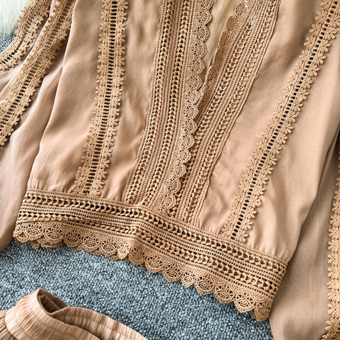 V-neck Shirt&Skirt Lace Patchwork 2Pcs