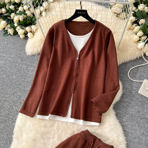 Faux Two-pieces Cardigan & Trousers 2Pcs