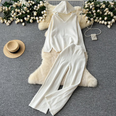 Hooded Sweater&Wide-leg Trousers 2Pcs