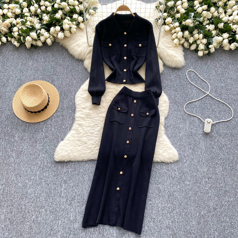 Lapeled Knitwear&Slim Skirt 2Pcs