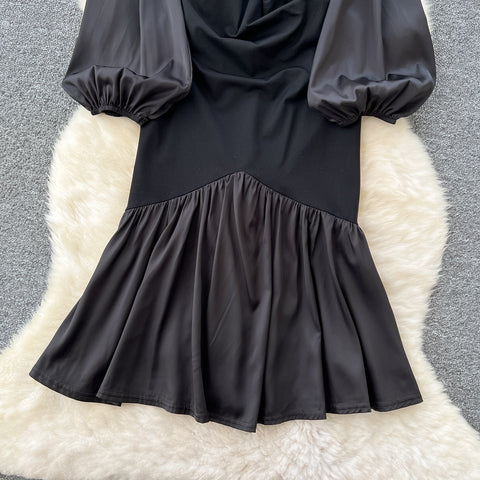 Square Neckline Patchwork Black Dress