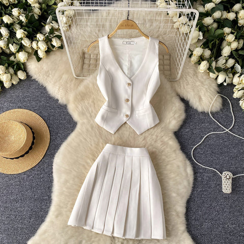 Single-breasted Vest&Pleated Skirt 2Pcs