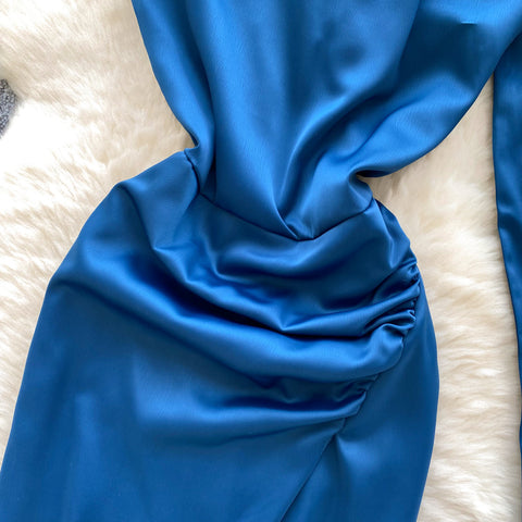 Delicate Blue Satin Dress with Ribbon