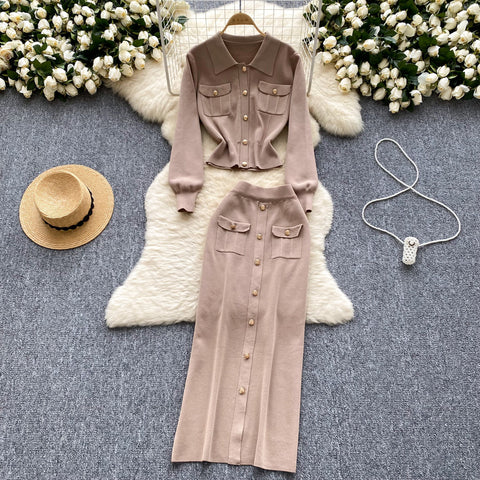 Lapeled Knitwear&Slim Skirt 2Pcs