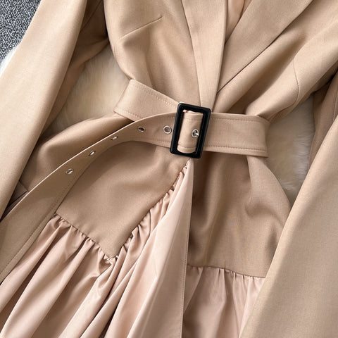 Suit Collar V-neck Pleated Dress
