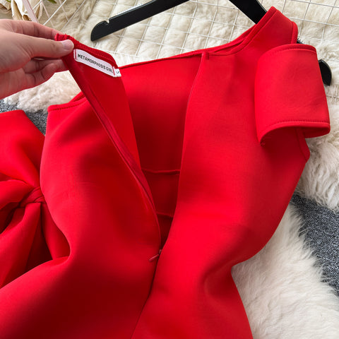 Slant Neckline Large Bow Dress