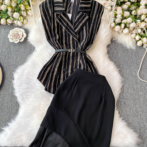 Striped Sleeveless Shirt & Half-body Skirt 2Pcs