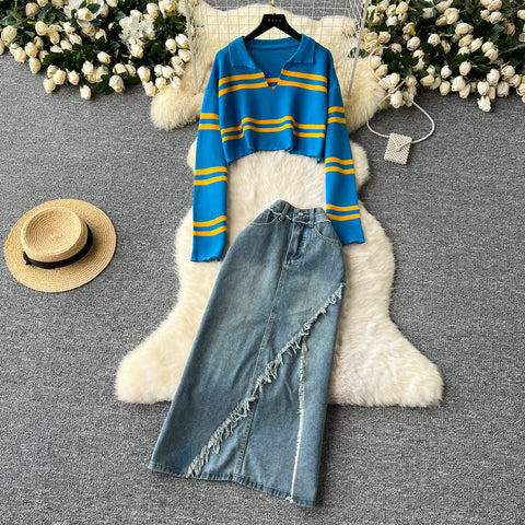 Striped Knitwear&Denim Skirt 2Pcs