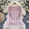 Rhinestone Studded V-neck Slim Knitwear