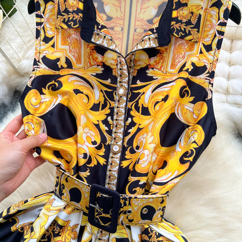 Courtly Sleeveless Lapeled Floral Dress