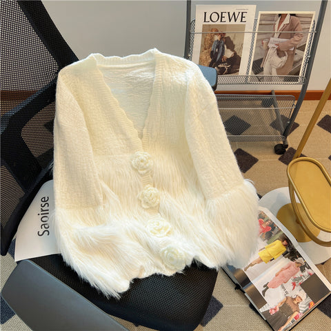 3D Flower Mink Patchwork Cardigan