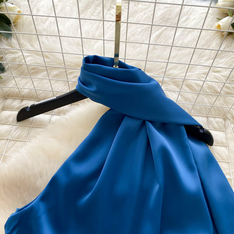 Delicate Blue Satin Dress with Ribbon