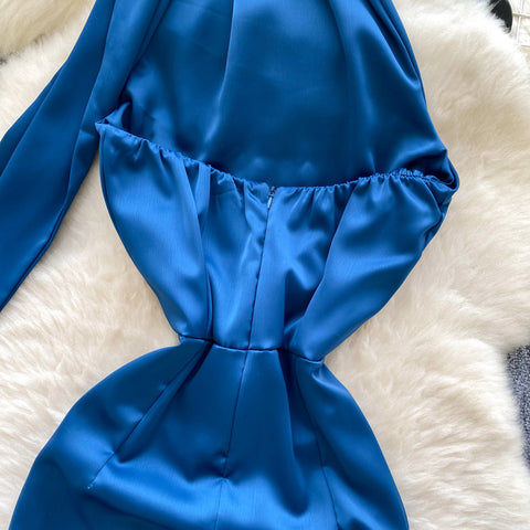 Delicate Blue Satin Dress with Ribbon