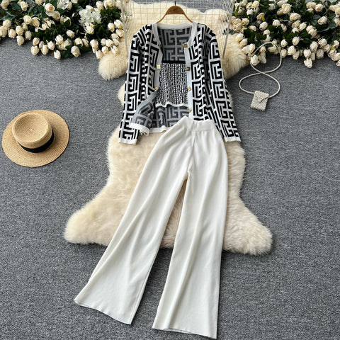 Maze Pattern Cardigan&Camisole&Trousers 3Pcs