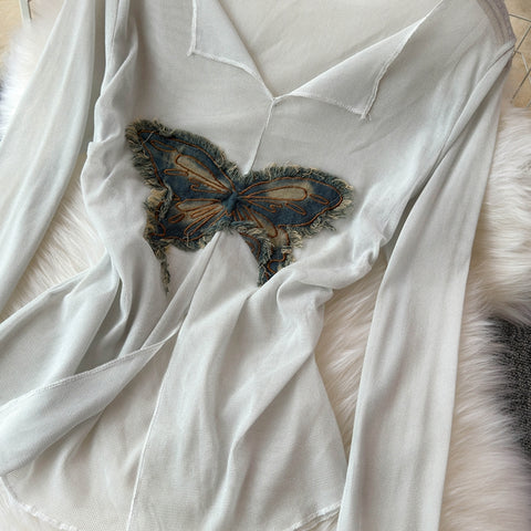 Butterfly Patched Sunscreen Mesh Top