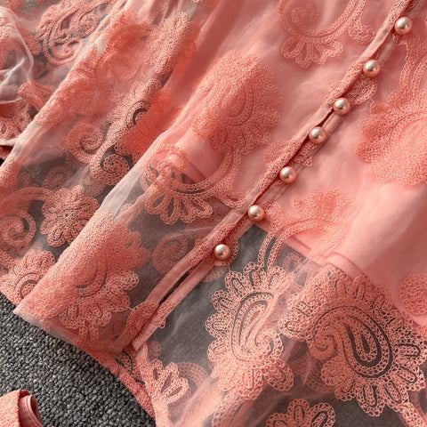 Embroidered Mesh Shirt & Skirt 2Pcs