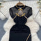 Knotted Button Hollowed Black Mesh Dress