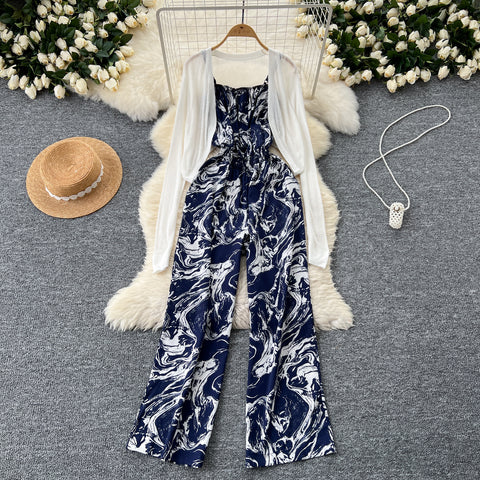 White Cardigan&Floral Jumpsuit 2Pcs