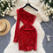 Slant Neckline Sequined Suede Dress