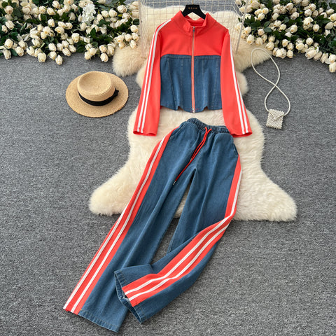 Zipped Cardigan&Jeans Denim Patchwork 2Pcs