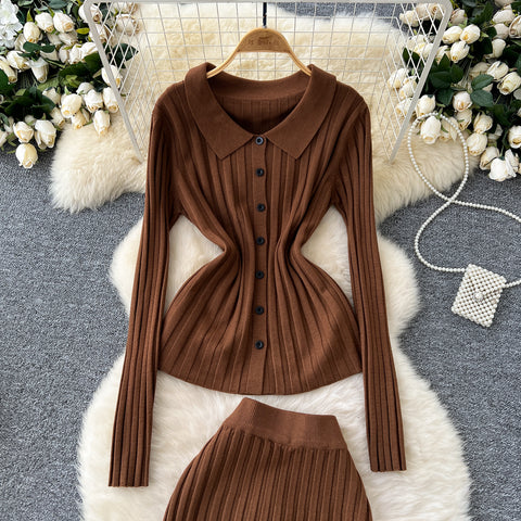 Waist-slimming Knitwear&Skirt Striped 2Pcs