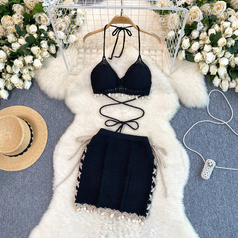 Fringed Halter Top&Skirt Knitted 2Pcs