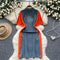 Polo Collar Zipped Denim Patchwork Dress