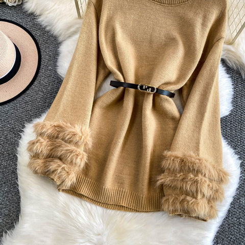 Furry Cuff Sweater with Waistband