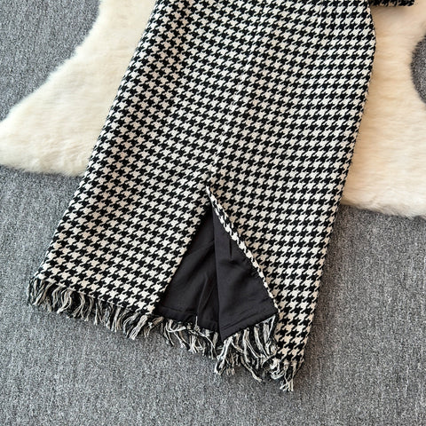 Bow Cardigan&Skirt Houndstooth 2Pcs