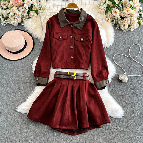 Lapeled Blazer&Pleated Skirt Suede 2Pcs