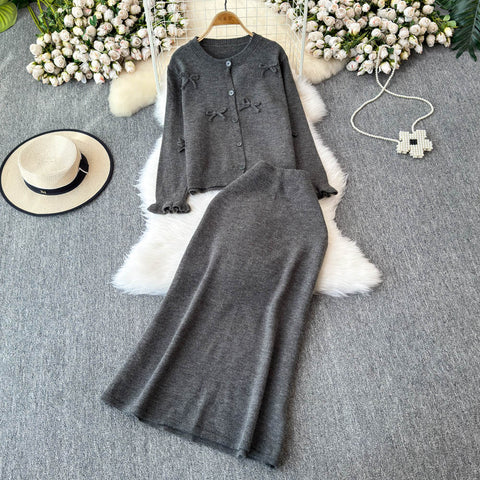 Bow Cardigan&Slim-fit Skirt 2Pcs
