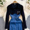 V-neck Denim Patchwork Black Dress