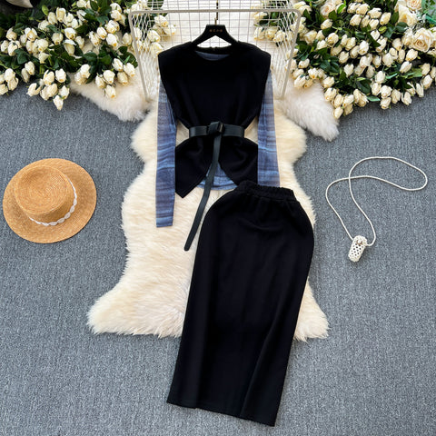 Patchwork Mesh Top&Black Skirt 3Pcs