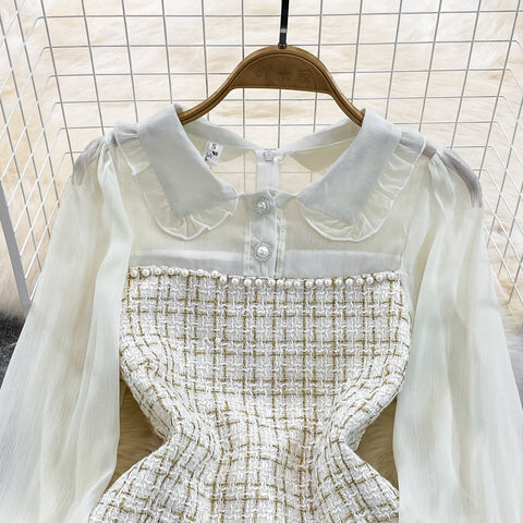 Tweed Patchwork Chiffon Shirt Dress